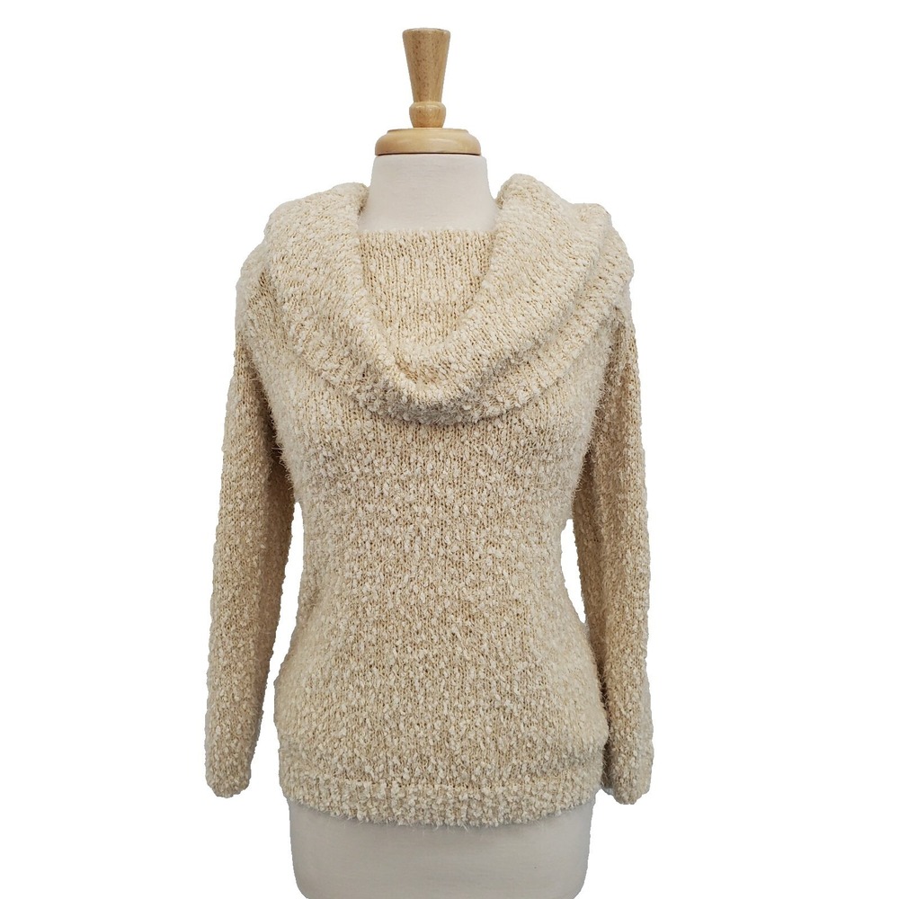 Womens L Beige Gold Metallic Cowl Neck Sweater Boucle Knit Fall Winter Top